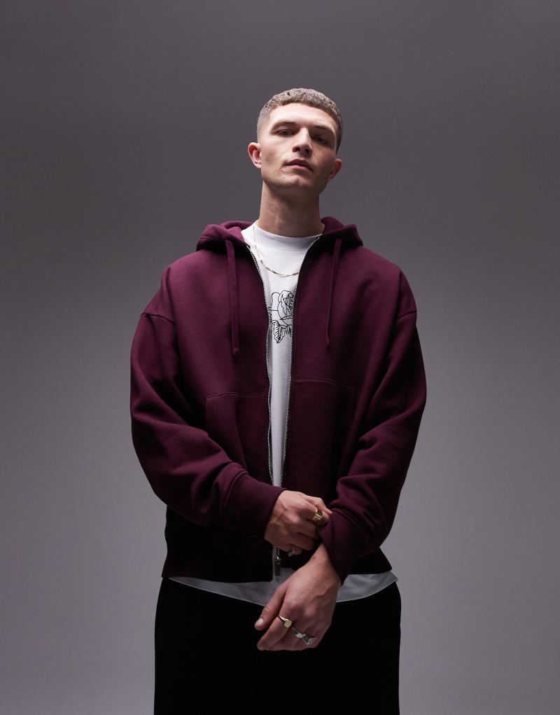 Мужское Худи Topman Relaxed Fit Full Zip Burgundy TOPMAN