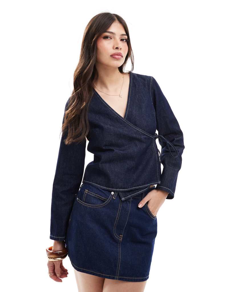 ASOS DESIGN denim long sleeve wrap top in dark indigo ASOS DESIGN