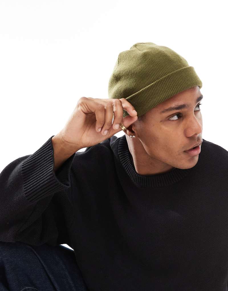 ASOS DESIGN mini fisherman ribbed beanie in khaki ASOS DESIGN