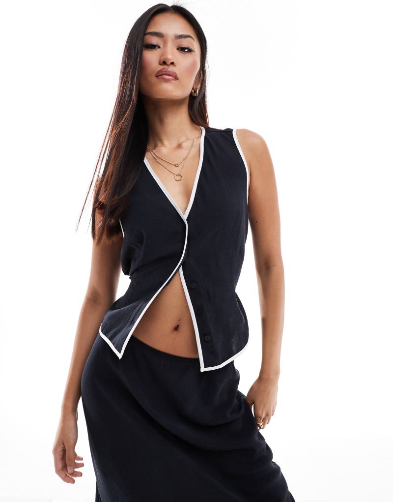 ASOS DESIGN linen blend vest with contrast binding in black - part of a set ASOS DESIGN