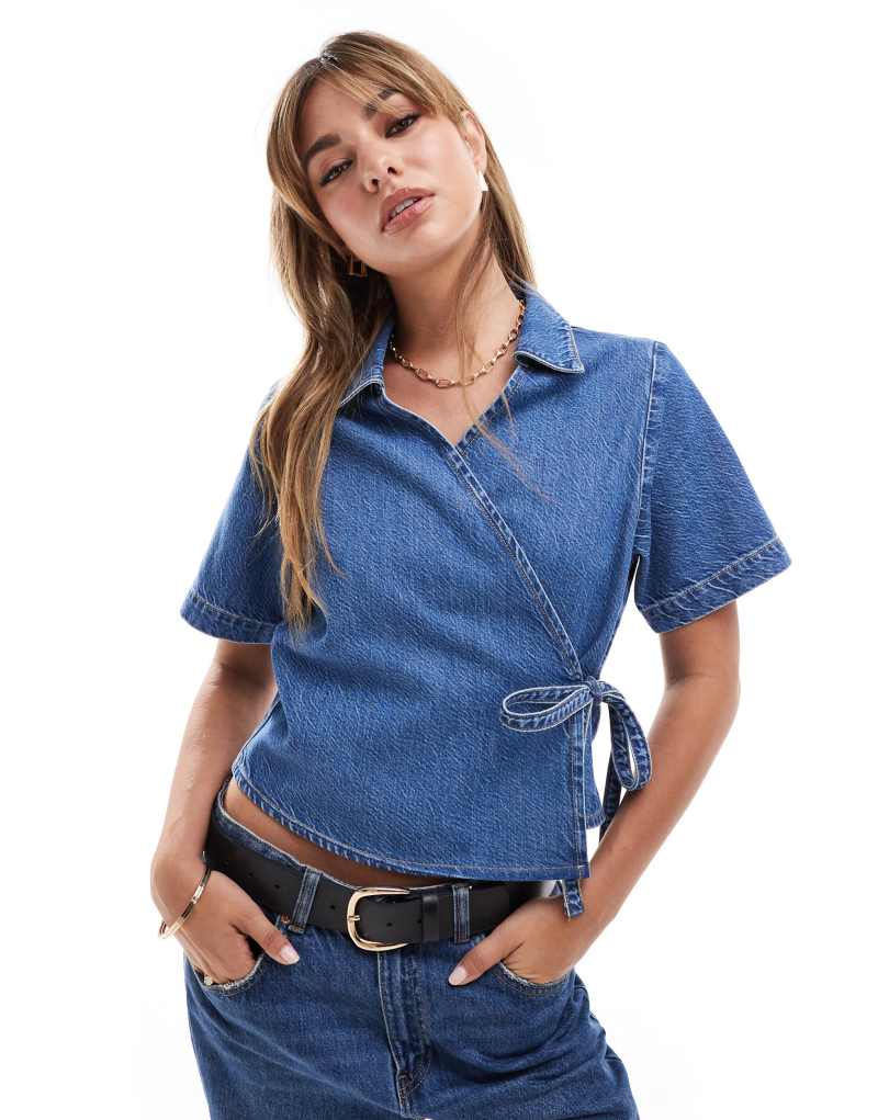 ASOS DESIGN denim short sleeve wrap top in indigo ASOS DESIGN