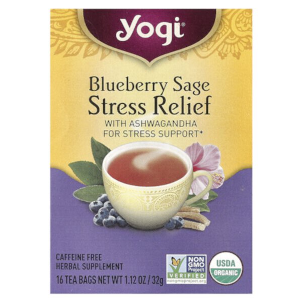 Stress Relief, Blueberry Sage, Caffeine Free, 16 Tea Bags (Чайные пакетики), 1.12 oz (Унции) (32 g) Yogi