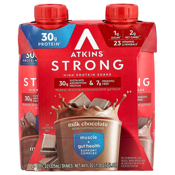 Strong, High Protein Shake, Milk Chocolate, 4 Shakes, 11 fl oz (Жидкие унции) (325 ml) Each Atkins