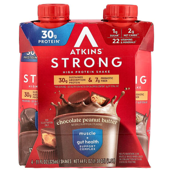 Strong, High Protein Shake, Chocolate Peanut Butter, 4 Shakes, 11 fl oz (Жидкие унции) (325 ml) Each Atkins