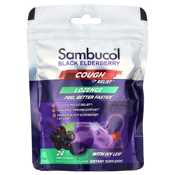 Black Elderberry, Cough Relief Lozenge With Ivy Leaf, Berry Eucalyptus, 24 Hard Lozenges (Пастилки) Sambucol