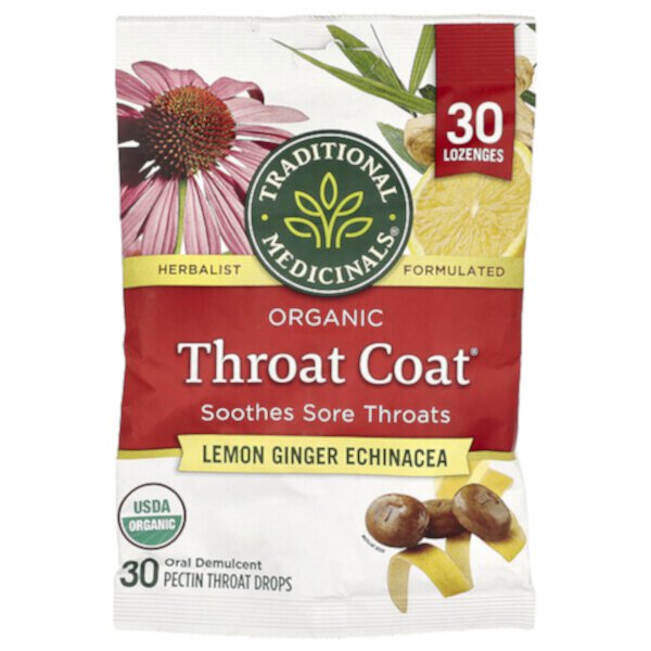 Organic Throat Coat®, Lemon Ginger Echinacea, 30 Lozenges (Пастилки) Traditional Medicinals