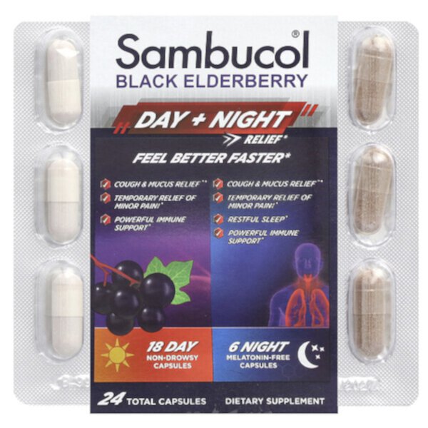 Black Elderberry, Day + Night Relief , 24 Capsules (Капсулы) Sambucol