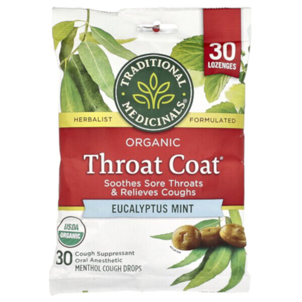 Organic Throat Coat®, Eucalyptus Mint, 30 Lozenges (Пастилки) Traditional Medicinals