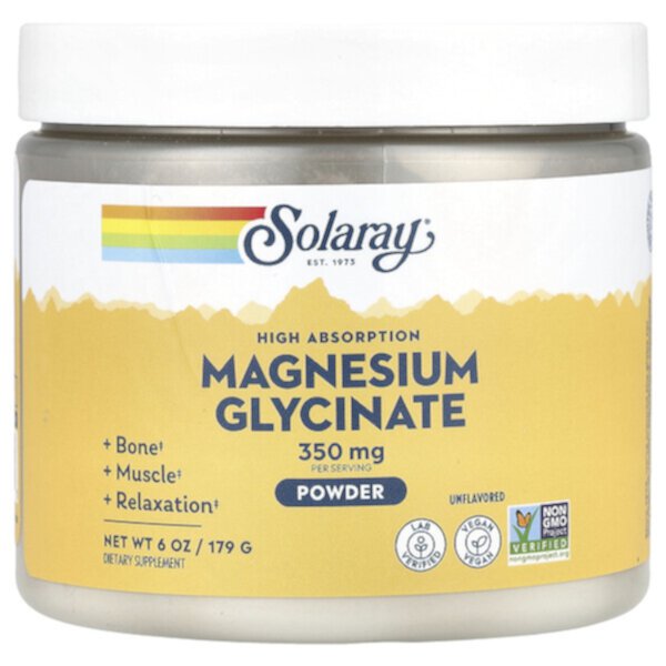 High Absorption Magnesium Glycinate Powder (Порошок), Unflavored (Без вкуса), 6 oz (Унции) (179 g) Solaray