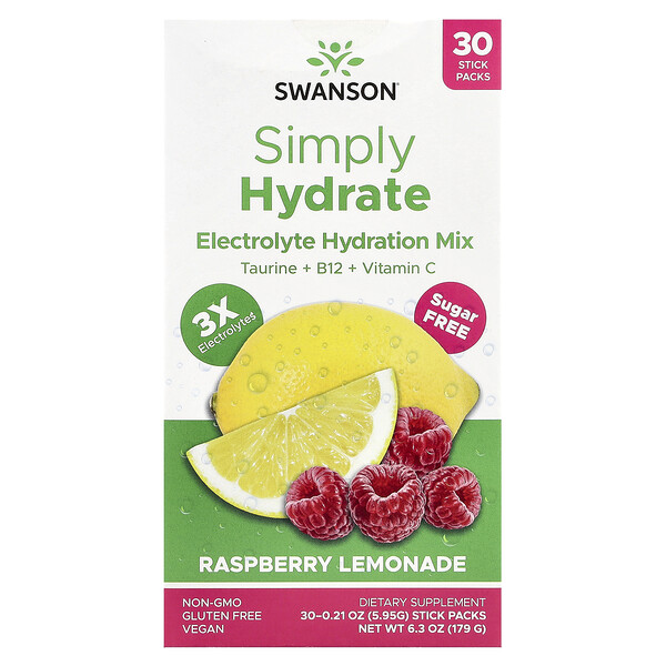 Simply Hydrate, Electrolyte Hydration Mix, Sugar Free, Raspberry Lemonade, 30 Stick Packs, 0.21 oz (Унции) (5.95 g) Each Swanson