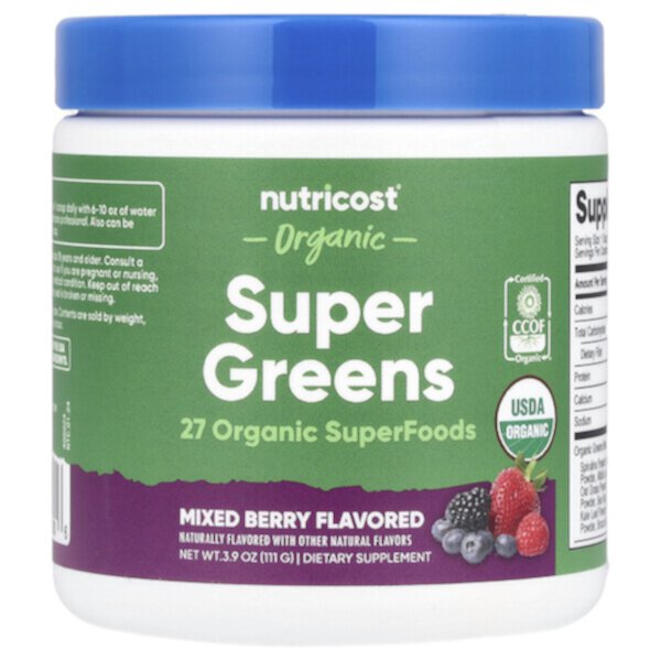 Organic Super Greens, Mixed Berry, 3.9 oz (Унции) (111 g) Nutricost