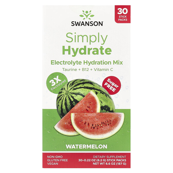 Simply Hydrate, Electrolyte Hydration Mix, Sugar Free, Watermelon, 30 Stick Packs, 0.22 oz (Унции) (6.2 g) Each Swanson