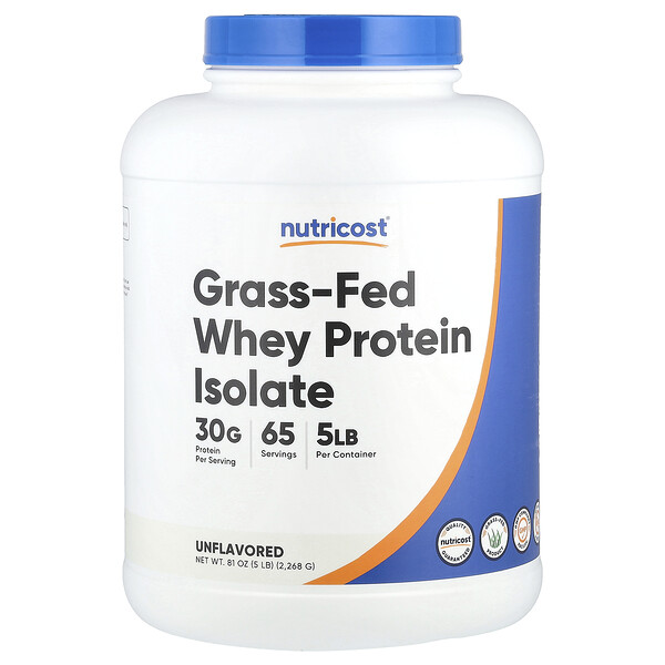 Grass-Fed Whey Protein Isolate, Unflavored (Без вкуса), 5 lb (Фунты) (2,268 g) Nutricost