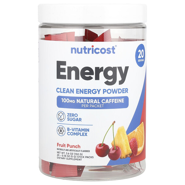 Energy, Clean Energy Powder (Порошок), Fruit Punch, 20 Stick Packs, 0.18 oz (Унции) (5 g) Each Nutricost