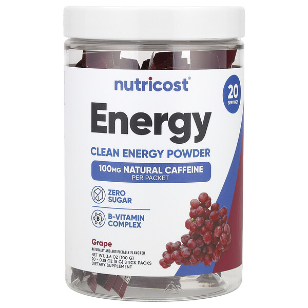 Energy, Clean Energy Powder (Порошок), Grape, 20 Stick Packs, 0.18 oz (Унции) (5 g) Each Nutricost