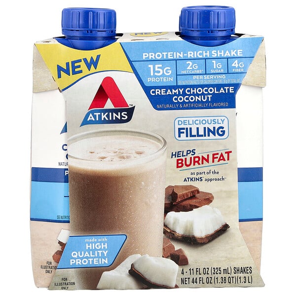 Protein-Rich Shake, Creamy Chocolate Coconut, 4 Shakes, 11 fl oz (Жидкие унции) (325 ml) Each Atkins