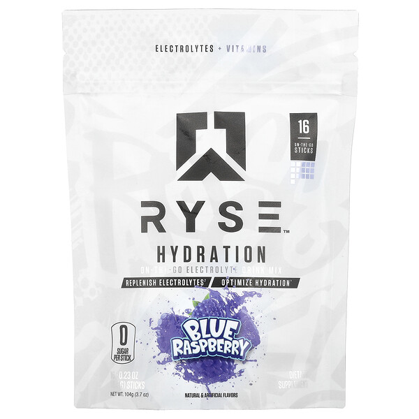 Hydration, On-The-Go Electrolyte Drink Mix, Blue Raspberry, 16 Sticks, 0.23 oz (Унции) (6.5 g) Each RYSE