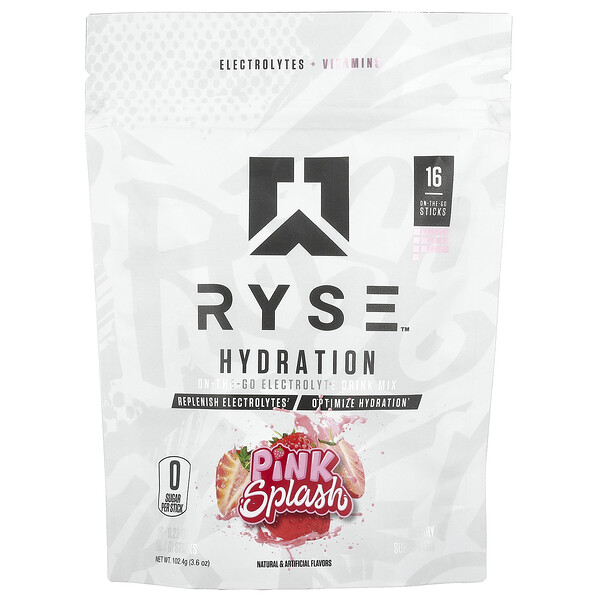 Hydration, On-The-Go Electrolyte Drink Mix, Pink Splash, 16 Sticks, 0.23 oz (Унции) (6.4 g) Each RYSE