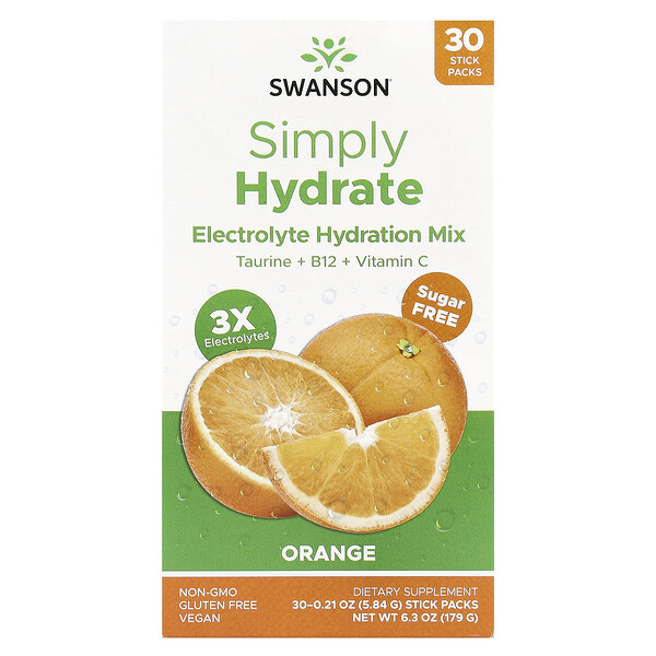 Simply Hydrate, Electrolyte Hydration Mix, Sugar Free, Orange, 30 Stick Packs, 0.21 oz (Унции) (5.84 g) Each Swanson