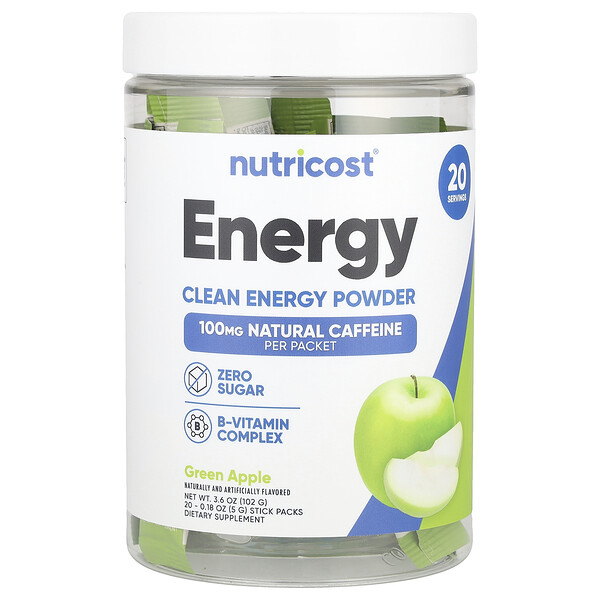 Energy, Clean Energy Powder (Порошок), Green Apple, 20 Stick Packs, 0.18 oz (Унции) (5 g) Each Nutricost