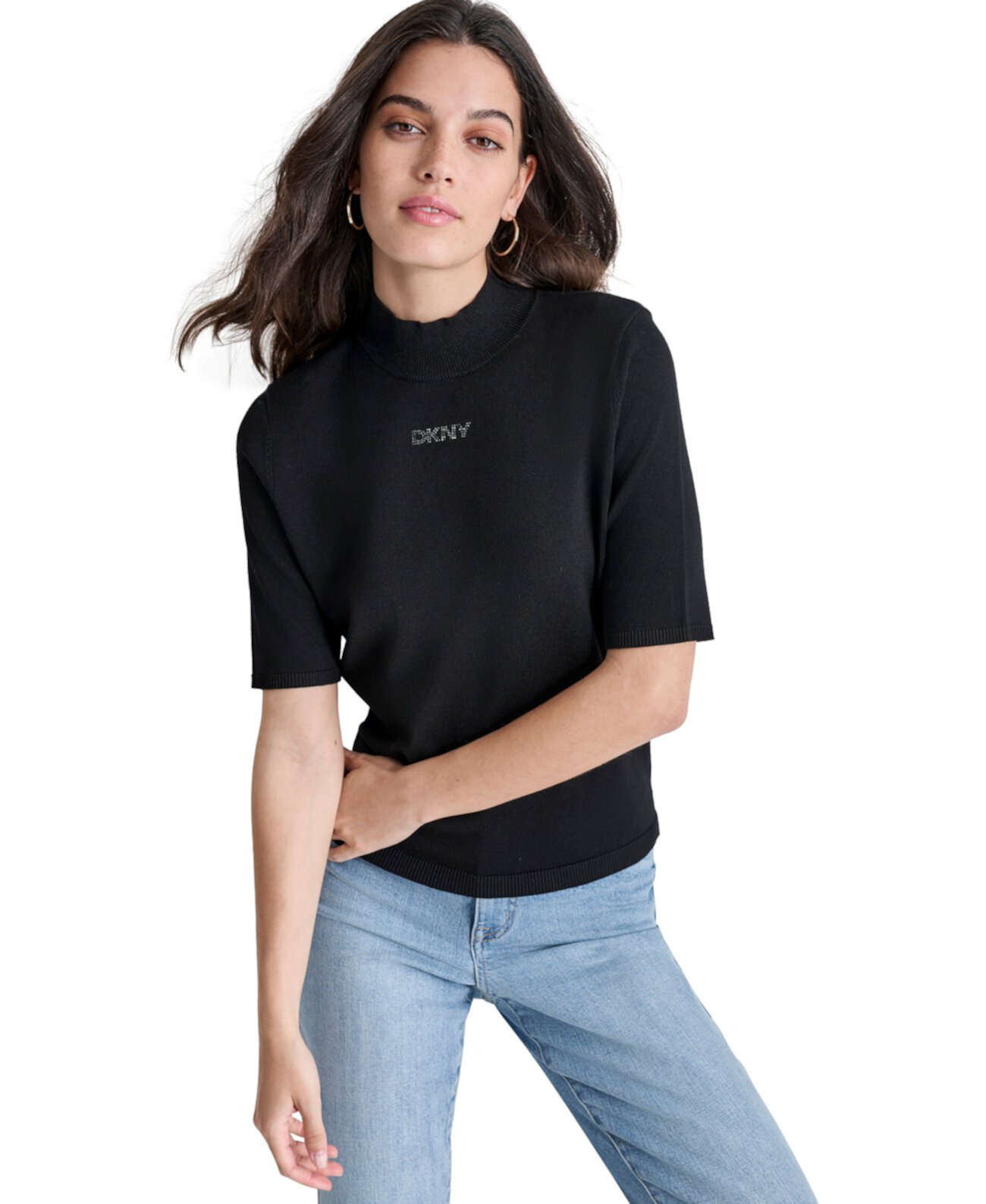 Women's Stud Logo Mock Neck Elbow-Sleeve Sweater DKNY