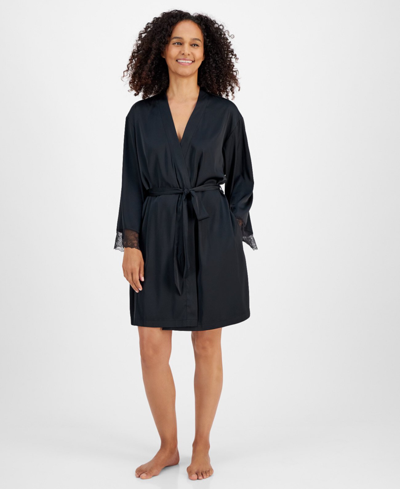 Women's Lace-Trim Stretch Satin Robe, Created for Macy's I.N.C. International Concepts