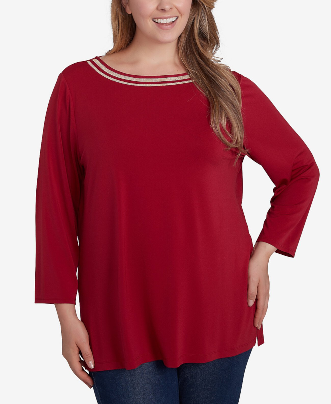 Женская Футболка Ruby Rd. Plus Size Micro Chain Embellished Solid Crepe Knit Top with Side Slits Ruby Rd.