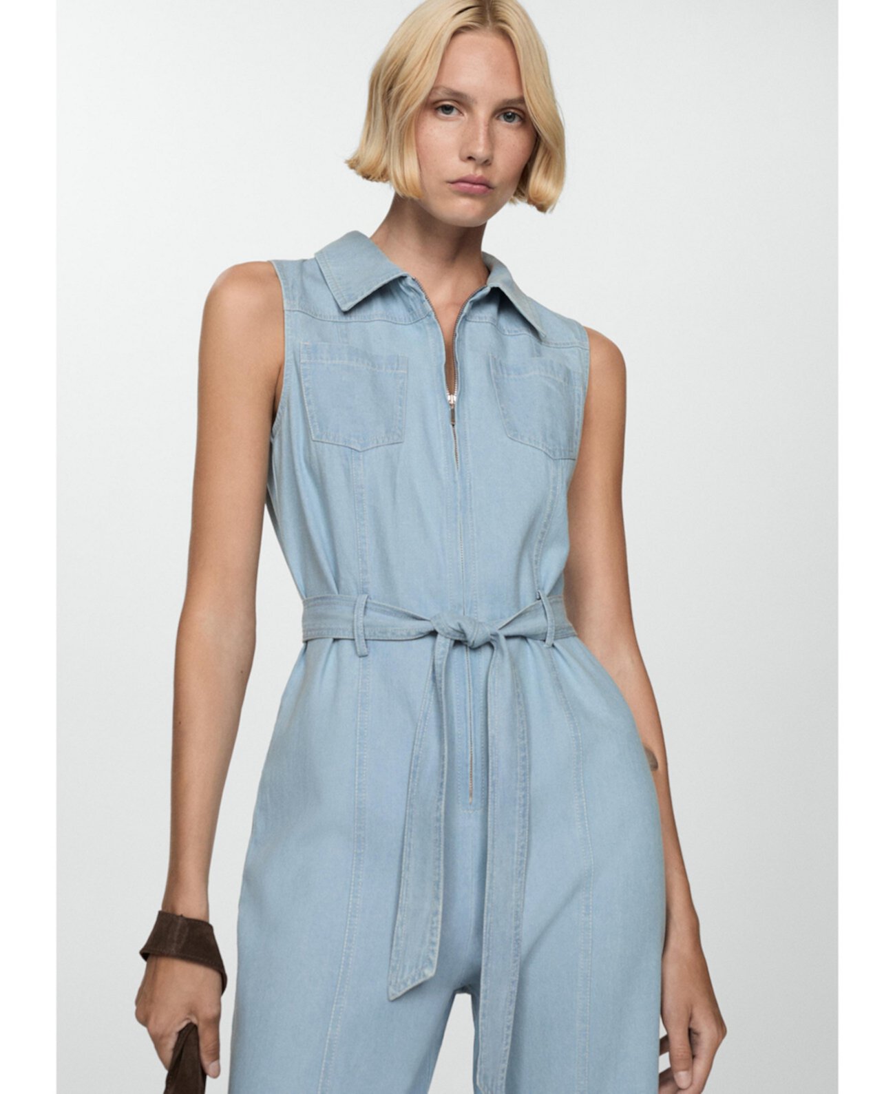 Women's Belted Denim Jumpsuit MANGO