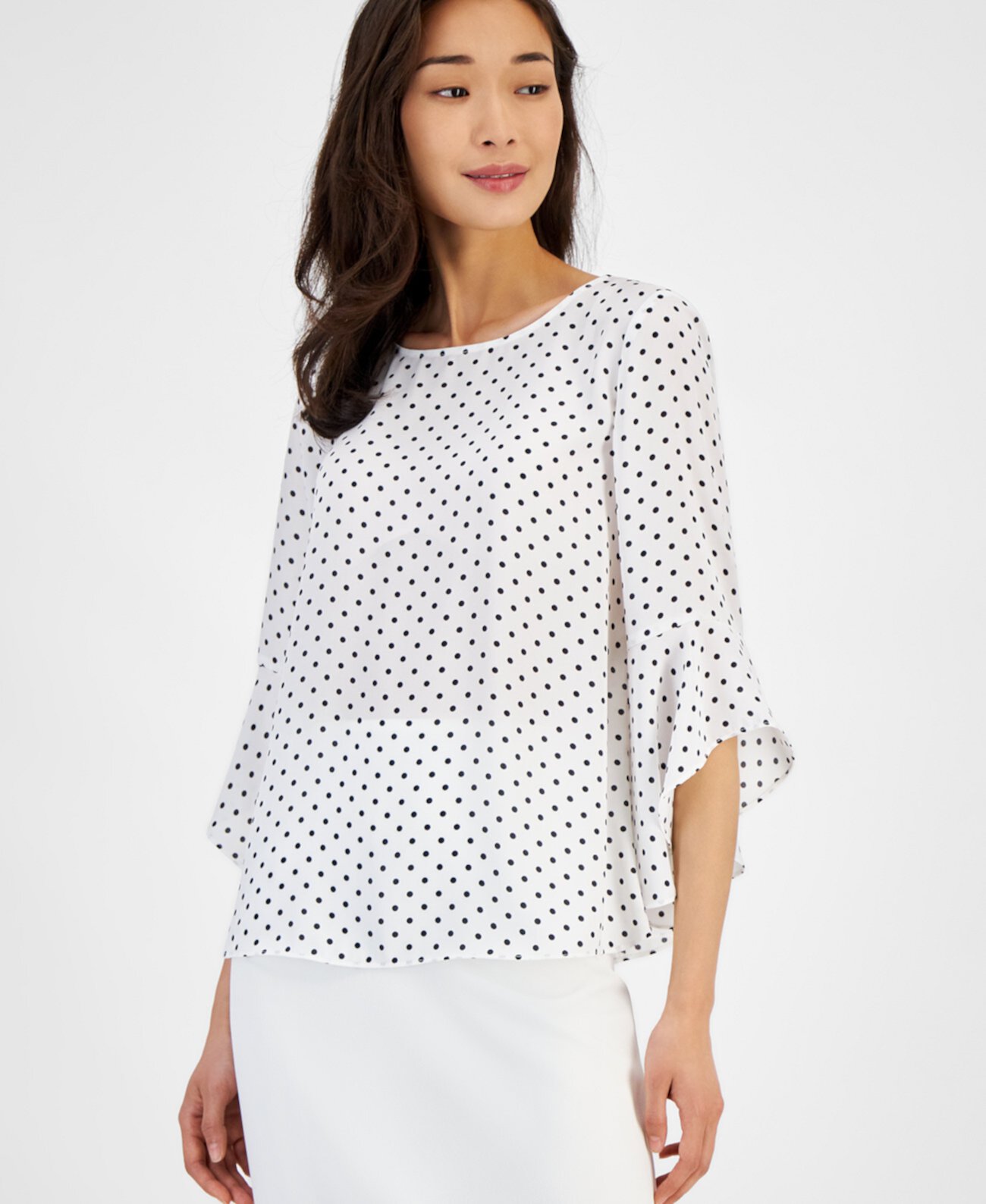 Женская Блузка Kasper Petite Dot-Print Crewneck Ruffle-Sleeve Top Kasper