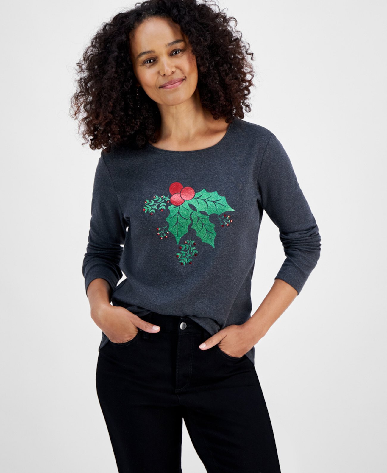 Women's Holly Leaf Long-Sleeve Top, Created for Macy's Holiday Lane