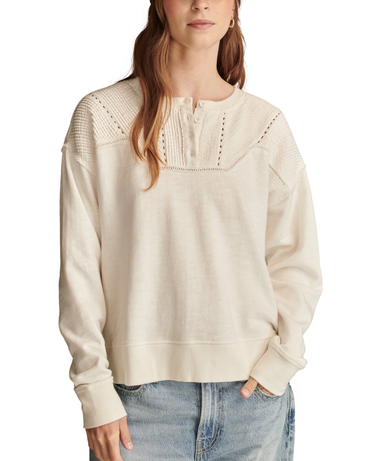 Женский свитшот с рюшами и воротником Henley из хлопка, Lucky Brand Lucky Brand