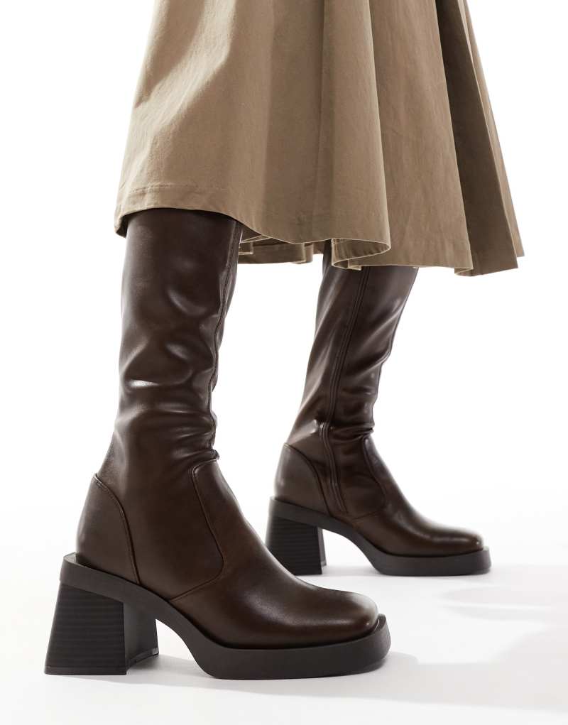 ASOS DESIGN Charlotte heeled knee boots in brown ASOS DESIGN