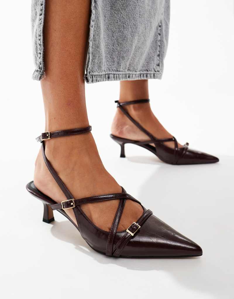 ASOS DESIGN Scottie buckle detail mid heel shoes in burgundy ASOS DESIGN