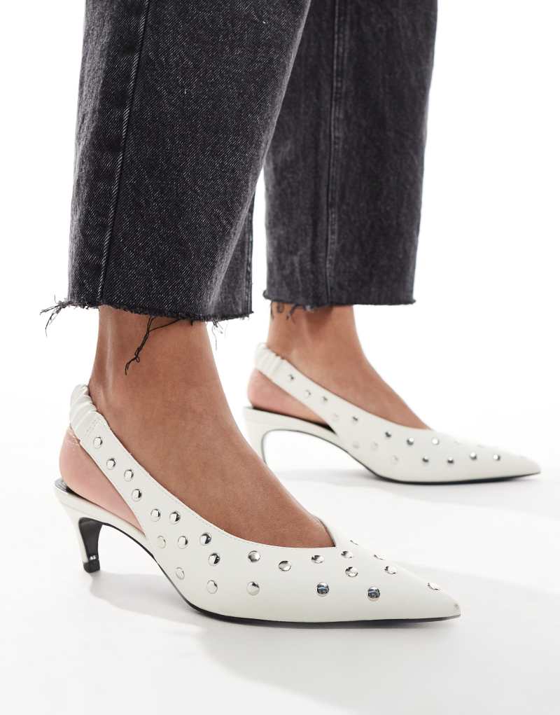 ASOS DESIGN Scene studded slingback kitten heeled shoes in white ASOS DESIGN