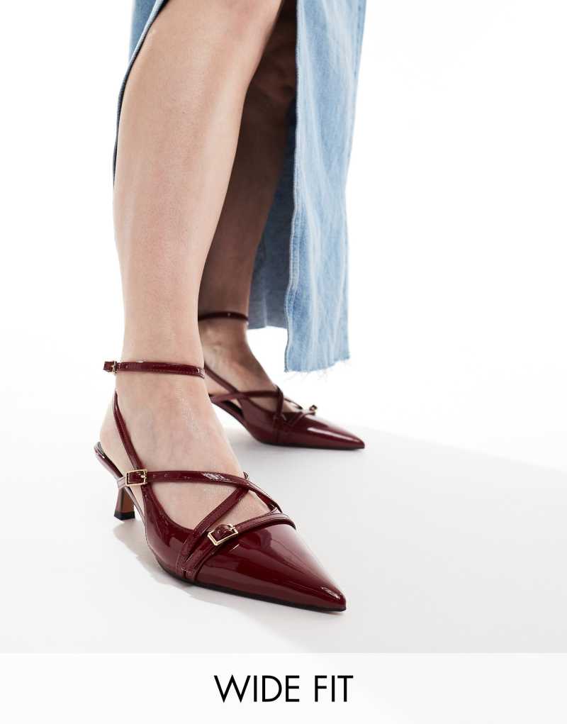 ASOS DESIGN Wide Fit Scottie buckle detail kitten heeled shoes in burgundy ASOS DESIGN