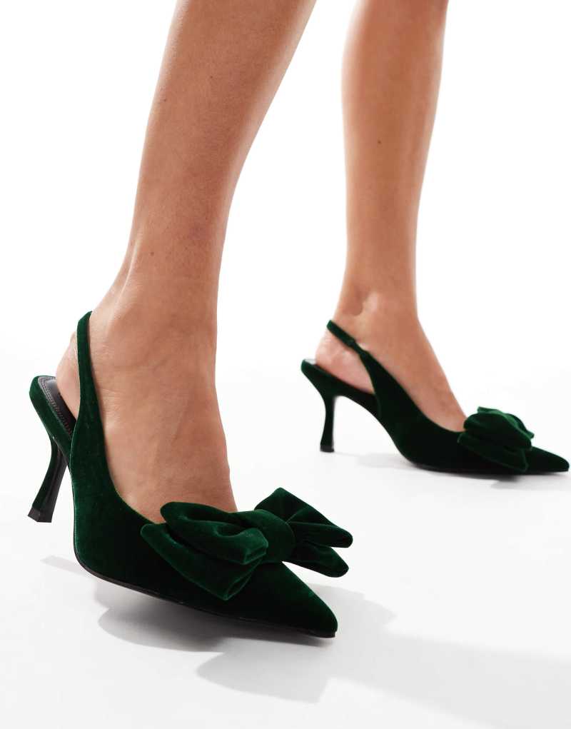 ASOS DESIGN Wide Fit Sapphire bow detail mid heel shoes in green ASOS DESIGN