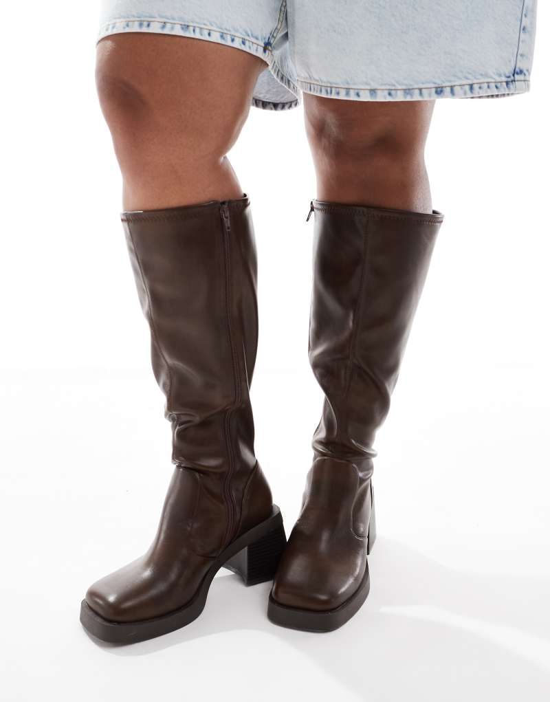 ASOS DESIGN Curve Charlotte heeled knee boots in brown ASOS DESIGN