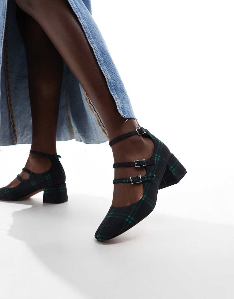 ASOS DESIGN Socco mid heeled mary jane shoes in green check ASOS DESIGN