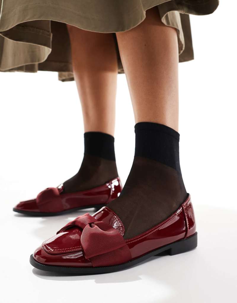 ASOS DESIGN Wide Fit Mentor bow loafer flat shoes in burgundy patent ASOS DESIGN