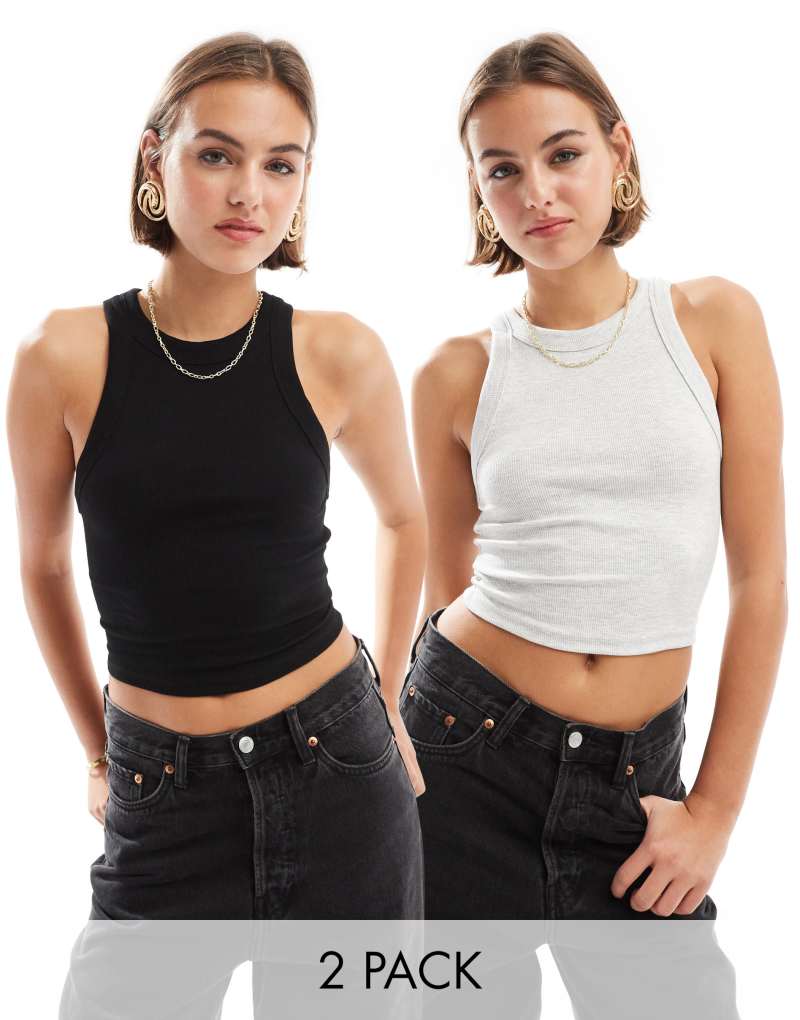 Женская Укороченная Футболка Bershka 2-Pack Racer Neck в Черном и Сером Bershka