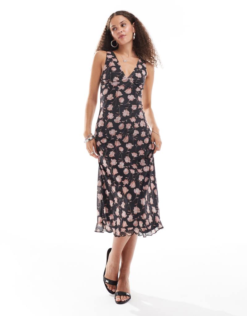 Motel Gabriela falling rose print V-neck midi dress in black and pink  Motel