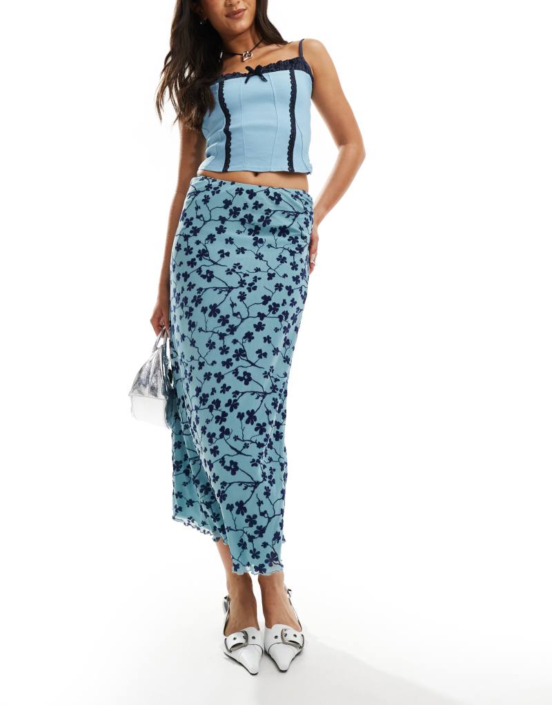 Motel latika low rise flocked midaxi skirt in blue and navy Motel