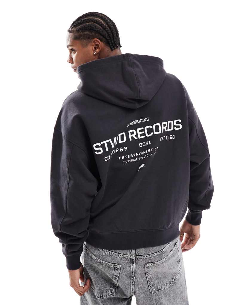 Мужская Толстовка Pull&Bear Oversized STWD Records с фотографией на спине в выцветшем черном цвете Pull&Bear