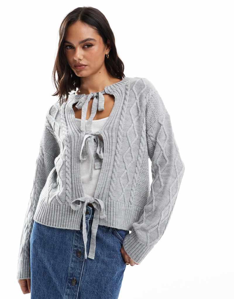 Stradivarius bow back cable knit sweater in gray Stradivarius