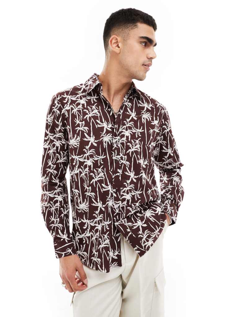 South Beach long sleeve linen look beach shirt in brown SOUTH BEACH