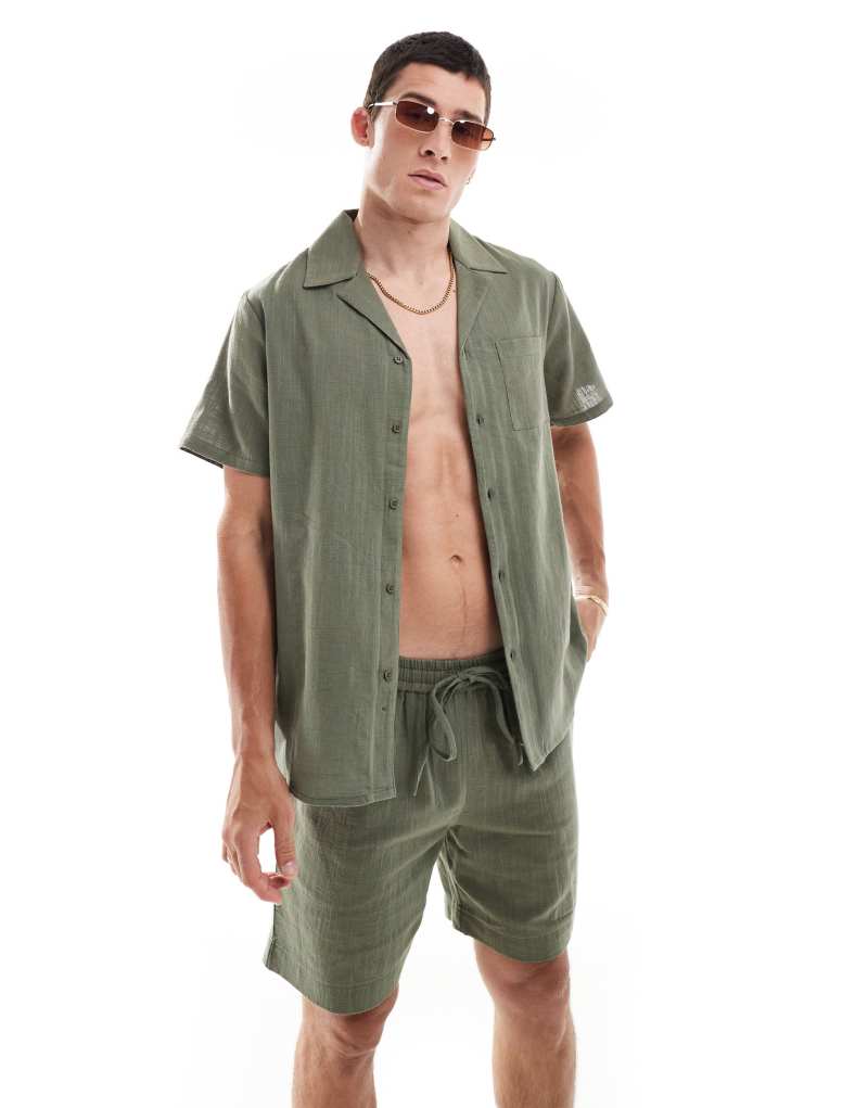 South Beach textured weave short sleeve beach shirt in olive SOUTH BEACH