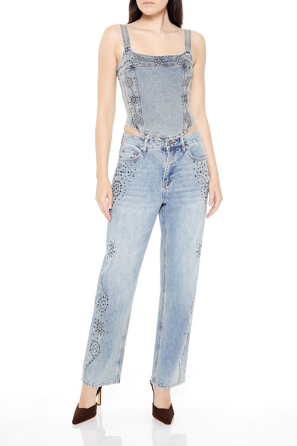 Женские Прямые Джинсы FOREVER21 Studded High-Rise Straight Jeans FOREVER21