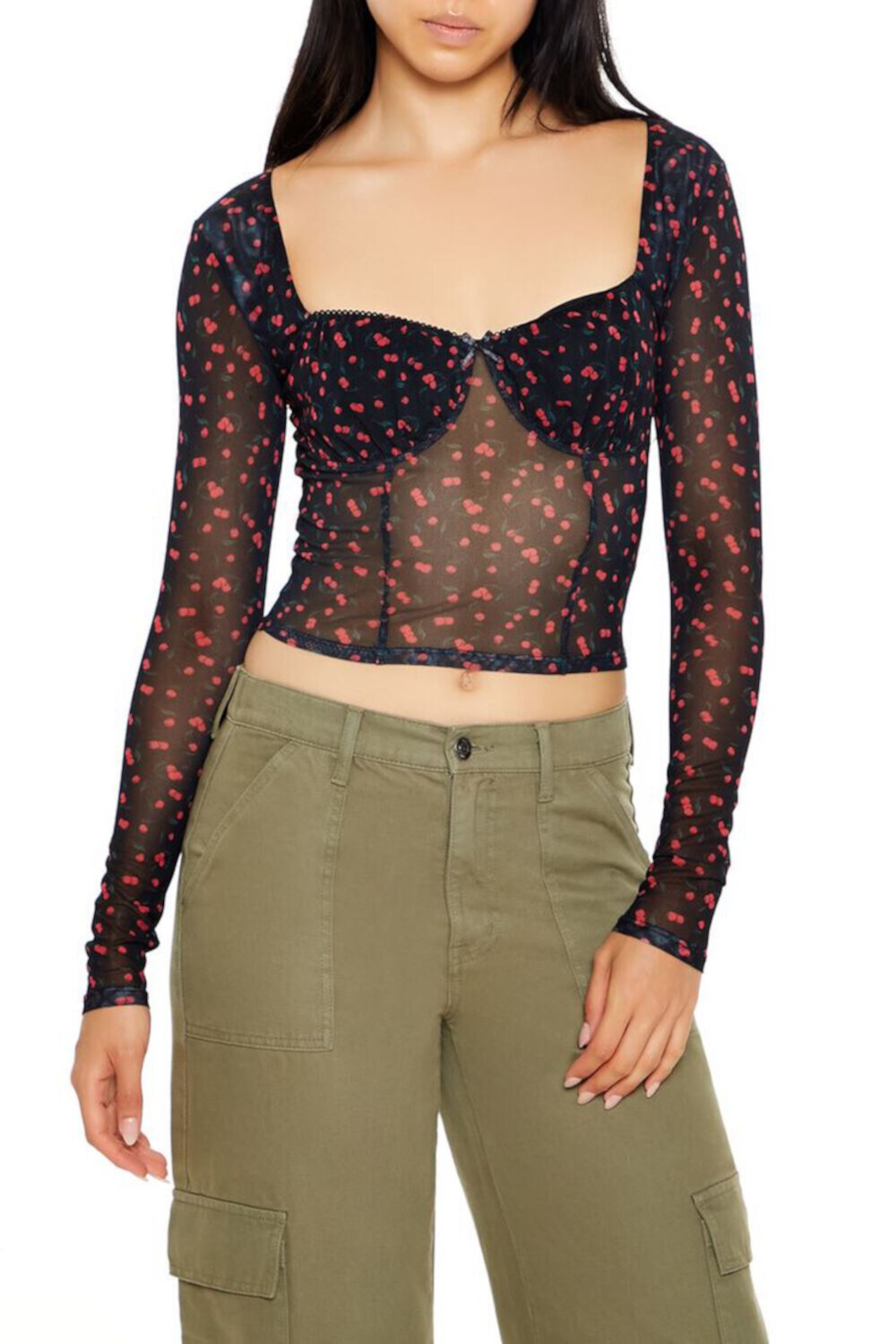 Mesh Cherry Print Crop Top FOREVER21