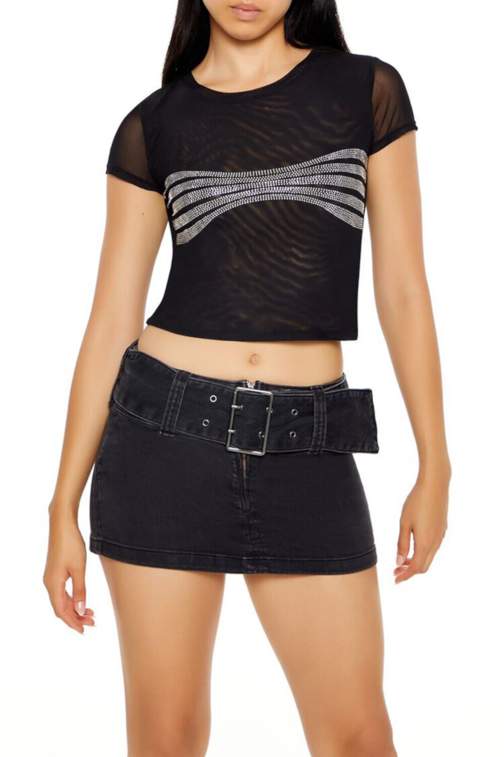 Mesh Rhinestone Cropped Tee FOREVER21