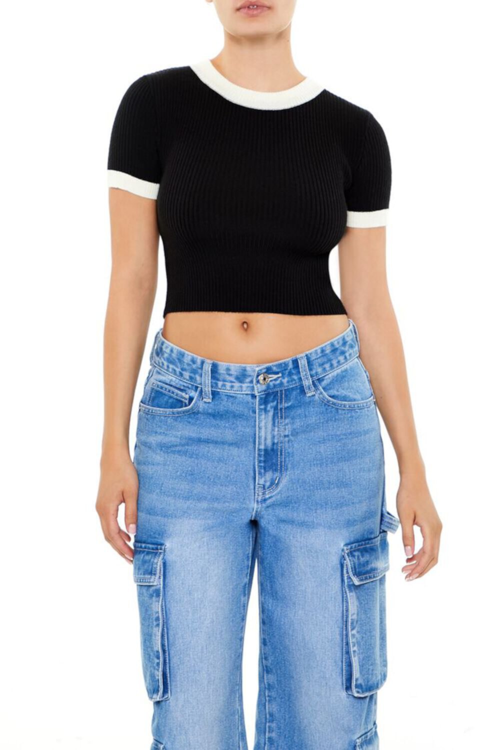 Sweater-Knit Ringer Cropped Tee FOREVER21